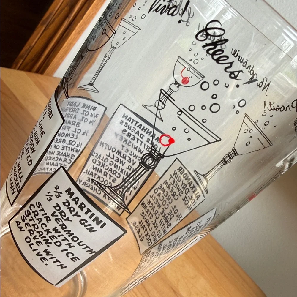Vintage MCM Cocktail Recipe Mixing Glass Multi-Language Cheers Barware (No Lid)